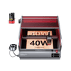 The Creality Falcon Falcon2 Pro 40W and 22W Enclosed Laser Engraver and Cutter, featuring a transparent red cover for Class 1 Safety, engraves "40W" on wood with the control panel and laser module visible.