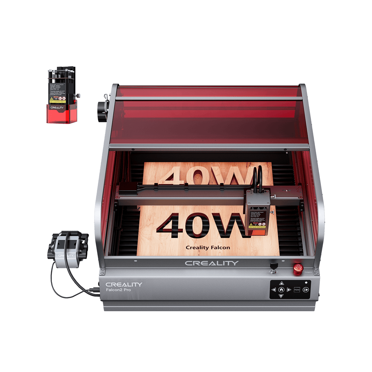 The Creality Falcon Falcon2 Pro 40W and 22W Enclosed Laser Engraver and Cutter, featuring a transparent red cover for Class 1 Safety, engraves "40W" on wood with the control panel and laser module visible.
