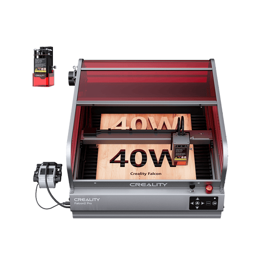 The Creality Falcon2 Pro Enclosed Diode Laser Engraver (60W/40W/20W) features a transparent red protective cover, visible internal components, front controls, and Class 1 laser safety, displayed against a white background. 1600