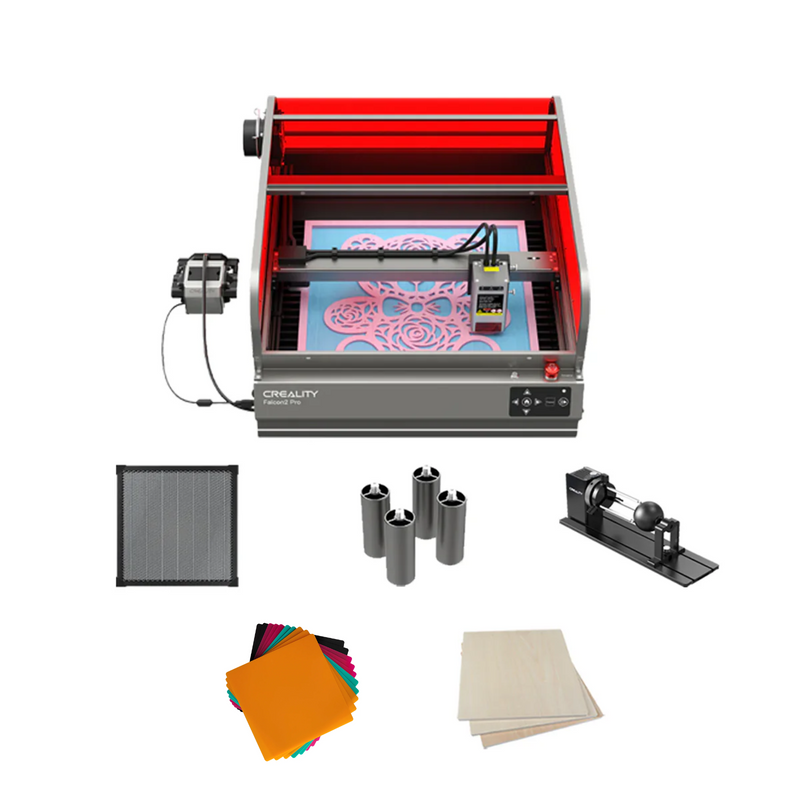 The Creality Falcon Falcon2 Pro 40W and 22W Enclosed Laser Engraver and Cutter, shown with a digital display, metal cylinders, a grid, rotary roller, colorful sheets, wooden sheets, and free test kit—all on a white background.
