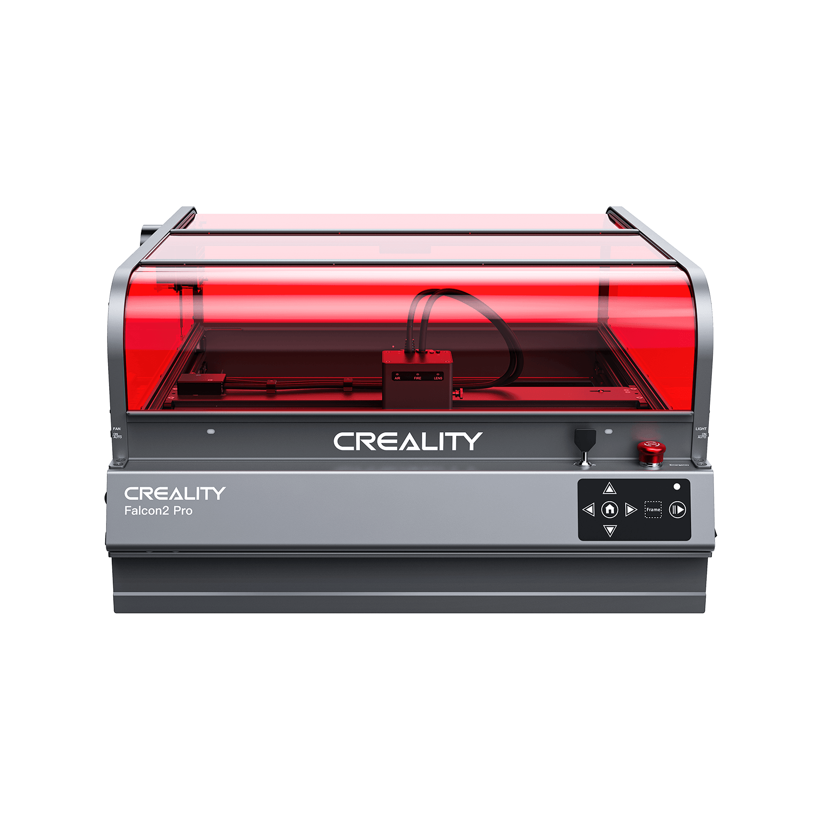 A Creality Falcon Falcon2 Pro 40W and 22W Enclosed Laser Engraver and Cutter with 360° visibility, a transparent red protective cover, front panel control buttons, and the Creality logo clearly displayed.