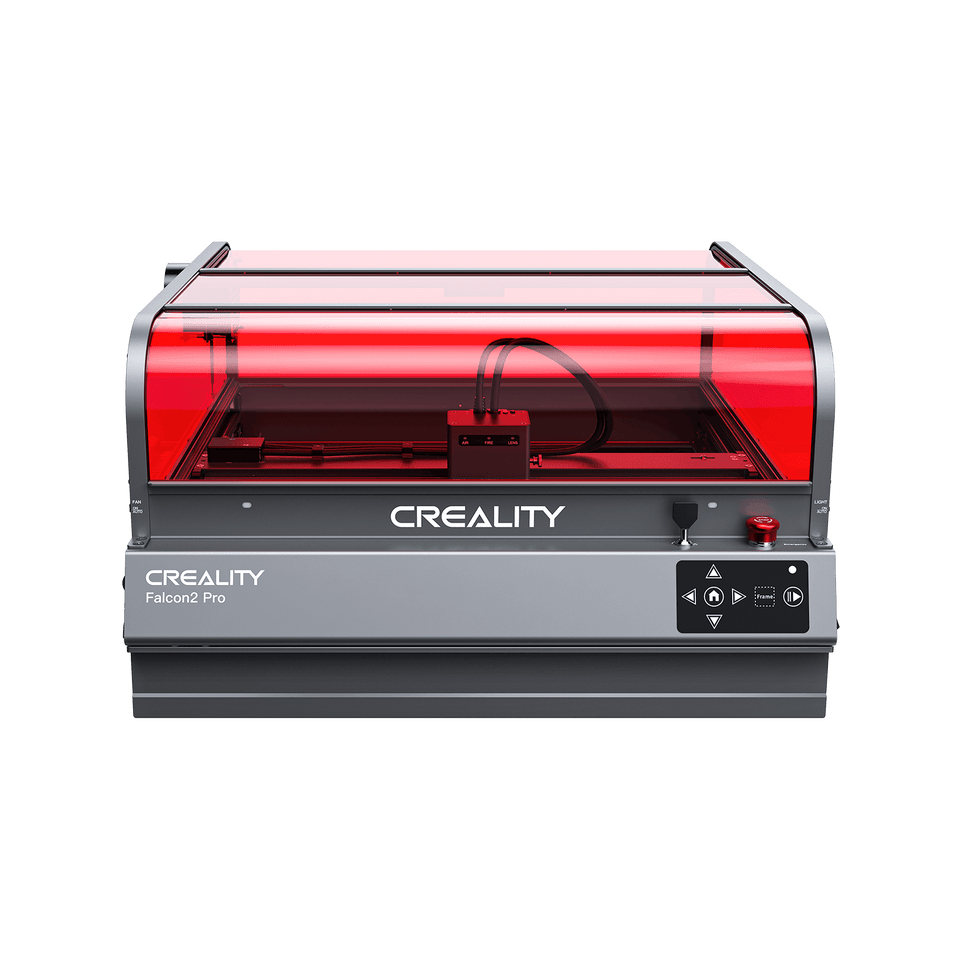 The Creality Falcon Falcon2 Pro 60W/40W/22W Enclosed Diode Laser Engraver + Free Test Kit features a gray base, right-side control buttons, transparent red safety lid, FDA Class 1 safety design, and sits on a plain white background.