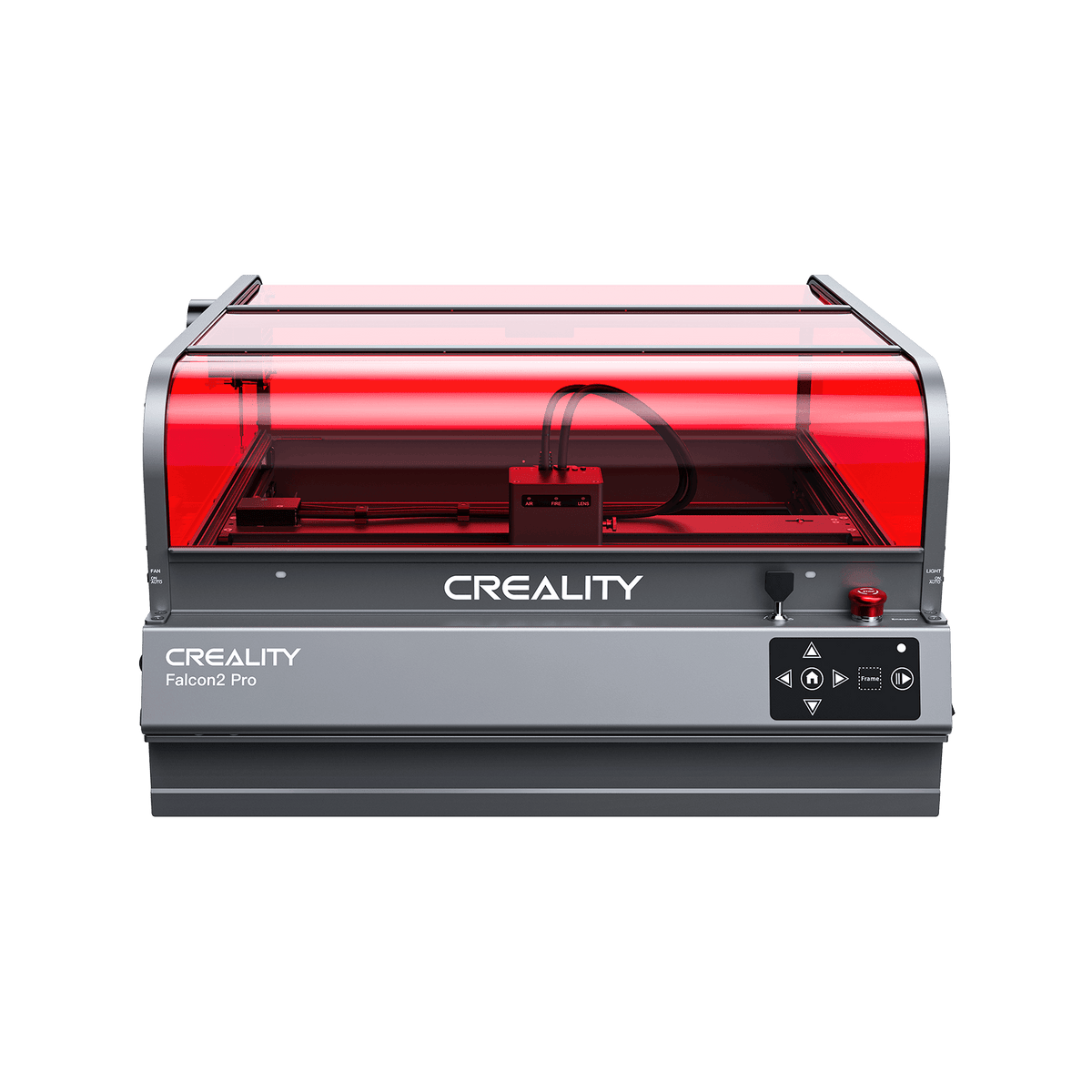 The Creality Falcon2 Pro Enclosed Diode Laser Engraver (60W/40W/20W) features a transparent red protective cover, visible internal components, front controls, and Class 1 laser safety, displayed against a white background.