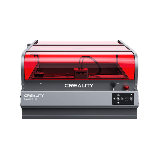 A Creality Falcon Falcon2 Pro 40W and 22W Enclosed Laser Engraver and Cutter with 360° visibility, a transparent red protective cover, front panel control buttons, and the Creality logo clearly displayed.