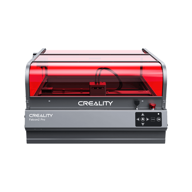The Creality Falcon2 Pro Enclosed Diode Laser Engraver (60W/40W/20W) features a transparent red protective cover, visible internal components, front controls, and Class 1 laser safety, displayed against a white background.