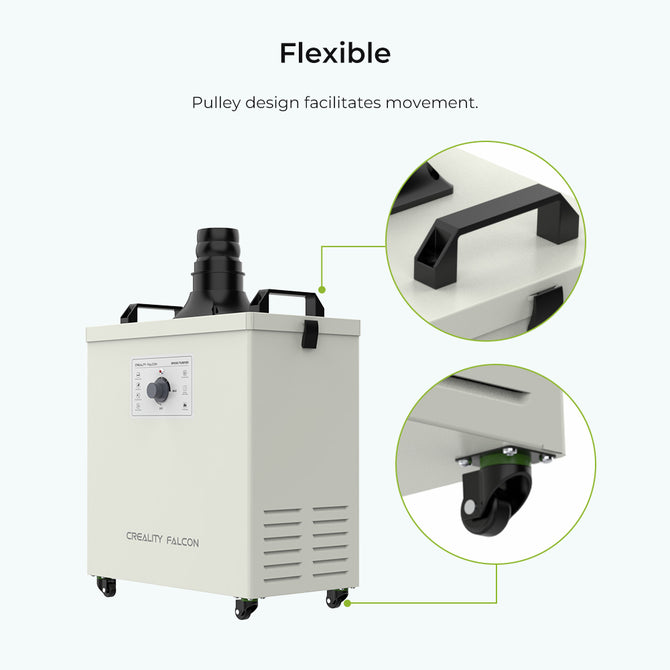 The image features the "Creality Falcon Smoke Purifier," a rectangular device with wheels and a top handle, designed for flexibility and seamless indoor operation. The pulley system facilitates easy movement, and insets highlight details like the handle and wheels, ideal for precision laser work smoke-free.