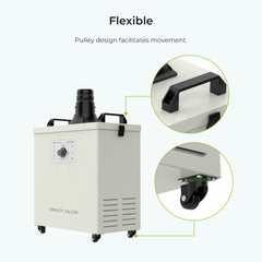 The image features the "Creality Falcon Smoke Purifier," a rectangular device with wheels and a top handle, designed for flexibility and seamless indoor operation. The pulley system facilitates easy movement, and insets highlight details like the handle and wheels, ideal for precision laser work smoke-free.