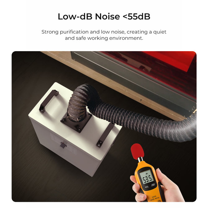 The decibel meter reads 53.5 in front of the Creality Falcon Smoke Purifier with a flexible hose. The "Low-dB Noise <55dB" text highlights its quiet and safe indoor operation, ideal for environments managing smoke and dust.
