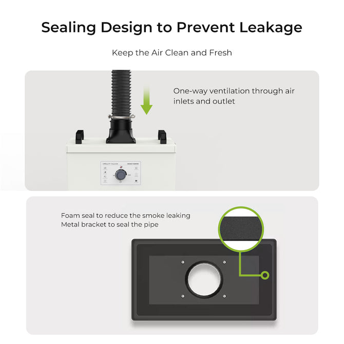 Image of the Creality Falcon Smoke Purifier with a two-part diagram: the top shows a hose ventilation system for one-way airflow through air inlets and outlets to manage smoke and dust indoors, while the bottom features a foam seal and metal bracket that secure a pipe to prevent leakage.
