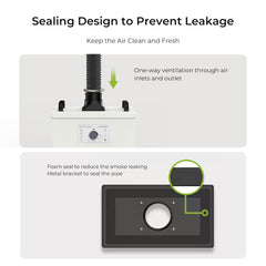 Image of the Creality Falcon Smoke Purifier with a two-part diagram: the top shows a hose ventilation system for one-way airflow through air inlets and outlets to manage smoke and dust indoors, while the bottom features a foam seal and metal bracket that secure a pipe to prevent leakage.