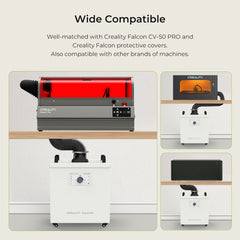 Collage of a Creality Falcon Smoke Purifier with the Creality Falcon CV-50 PRO laser engraver and protective covers. The main image shows the purifier handling smoke and dust, while smaller images illustrate its compatibility with various indoor settings using Creality products.